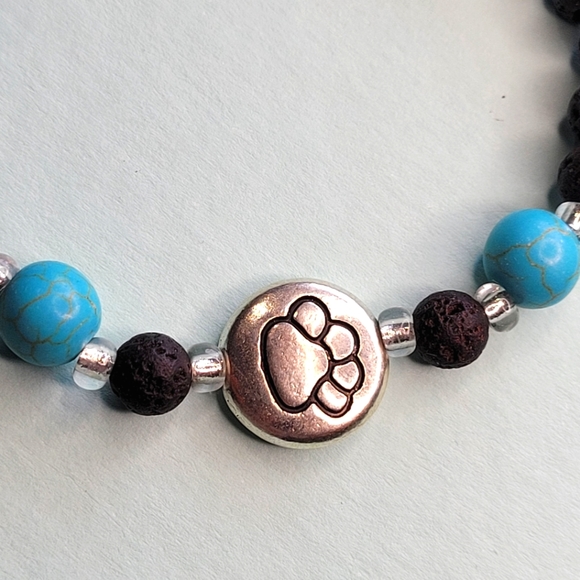 🖤3/$50 Silver Plated Paw Print Agate Stone Lava Bead Handmade Bracelet - Picture 2 of 7